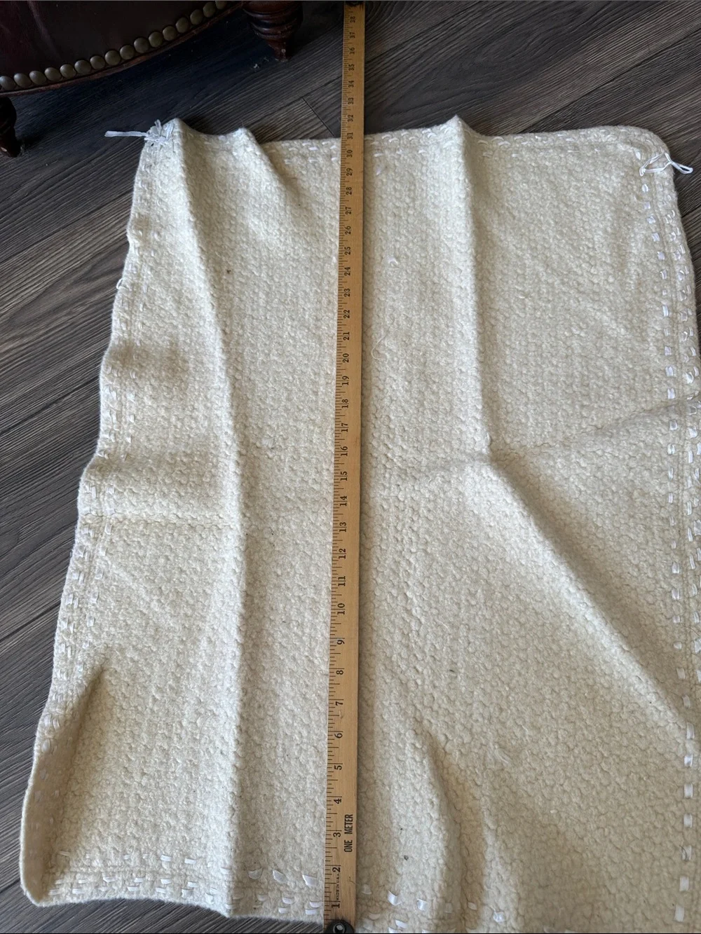 Vintage Cream Wool Baby Blanket Hand Laced Satin Ribbon 24x31